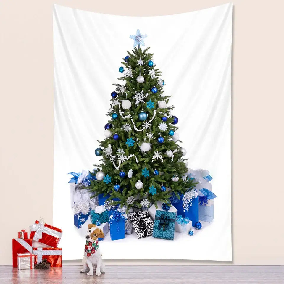 Decorbites christmas tree tapestry features a green pine with blue and white ornaments for christmas tree bedroom decor