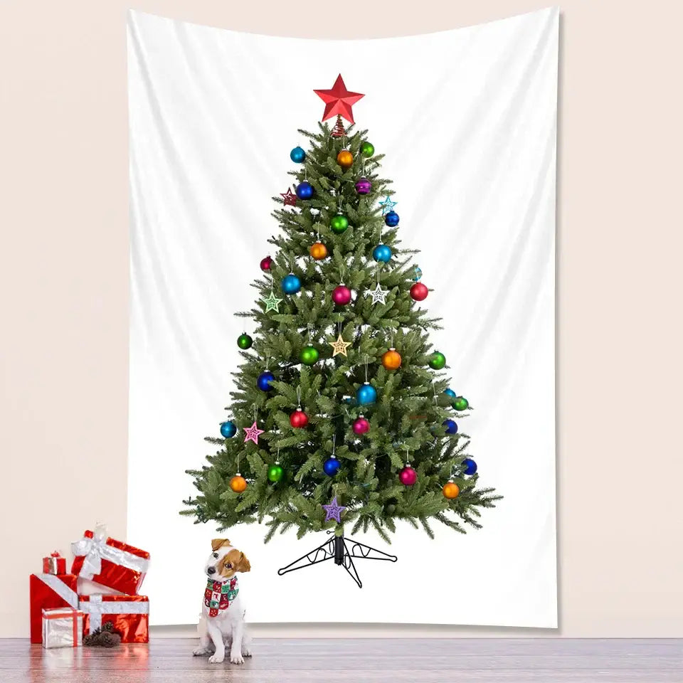A festive green decorbites christmas tree tapestry with colorful ornaments and red star topper for bedroom wall decor
