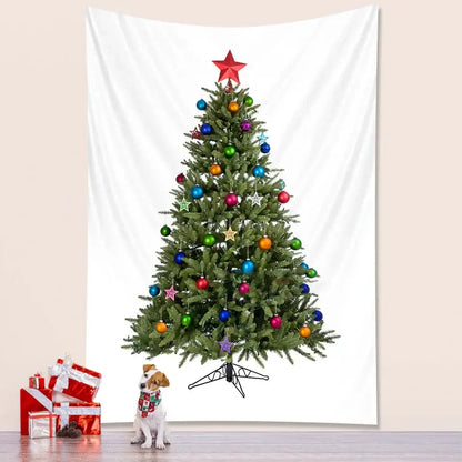 DecorBites christmas tree tapestry wall decor featuring a festive green tree with colorful ornaments and red star topper