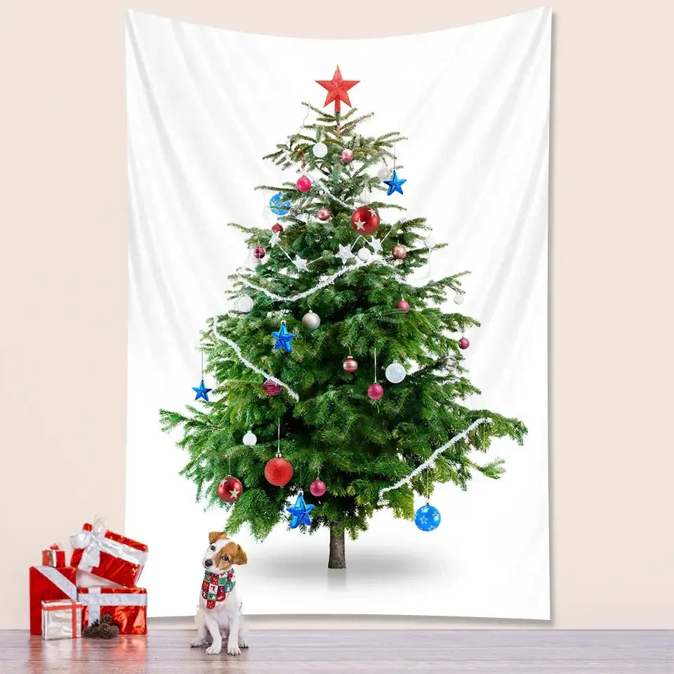 A decorbites christmas tree tapestry featuring a detailed green pine tree with colorful ornaments and white garland for bedroom decor