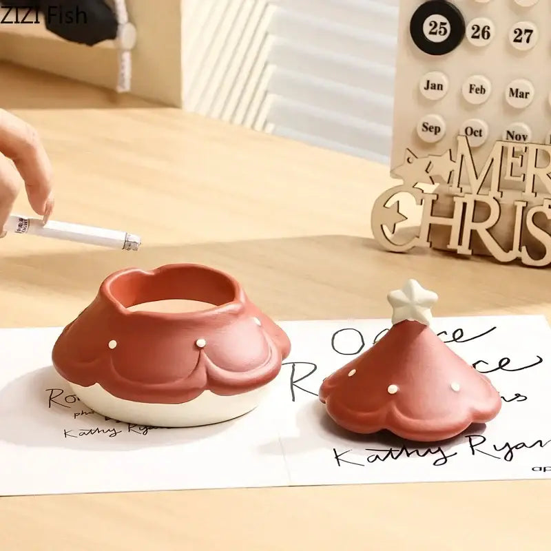 Two ceramic christmas tree and mushroom ashtrays with white polka dots by decorbites christmas tree ceramic desktop tray