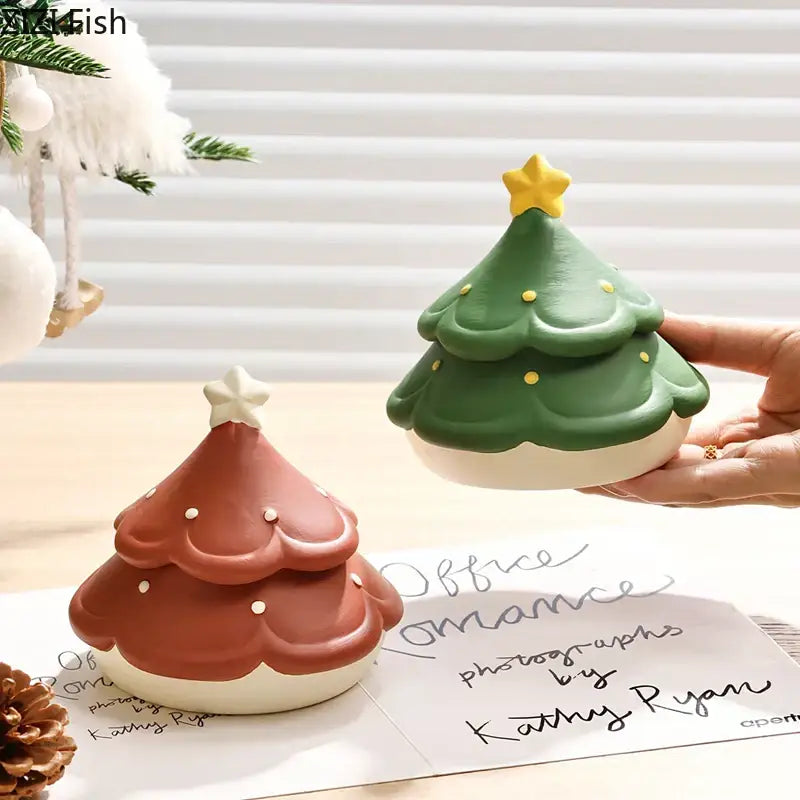 Two decorbites christmas tree ceramic ashtrays in green and brown with star toppers for creative desktop use