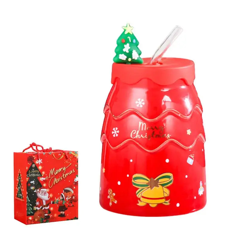 Red christmas-themed decorbites christmas tree ceramic mug with lid straw featuring festive decals and green tree ornament