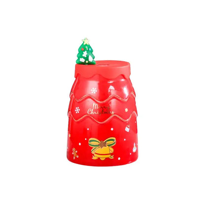 Red christmas tree ceramic mug by decorbites featuring festive snowflakes bell and green tree topper with glossy finish
