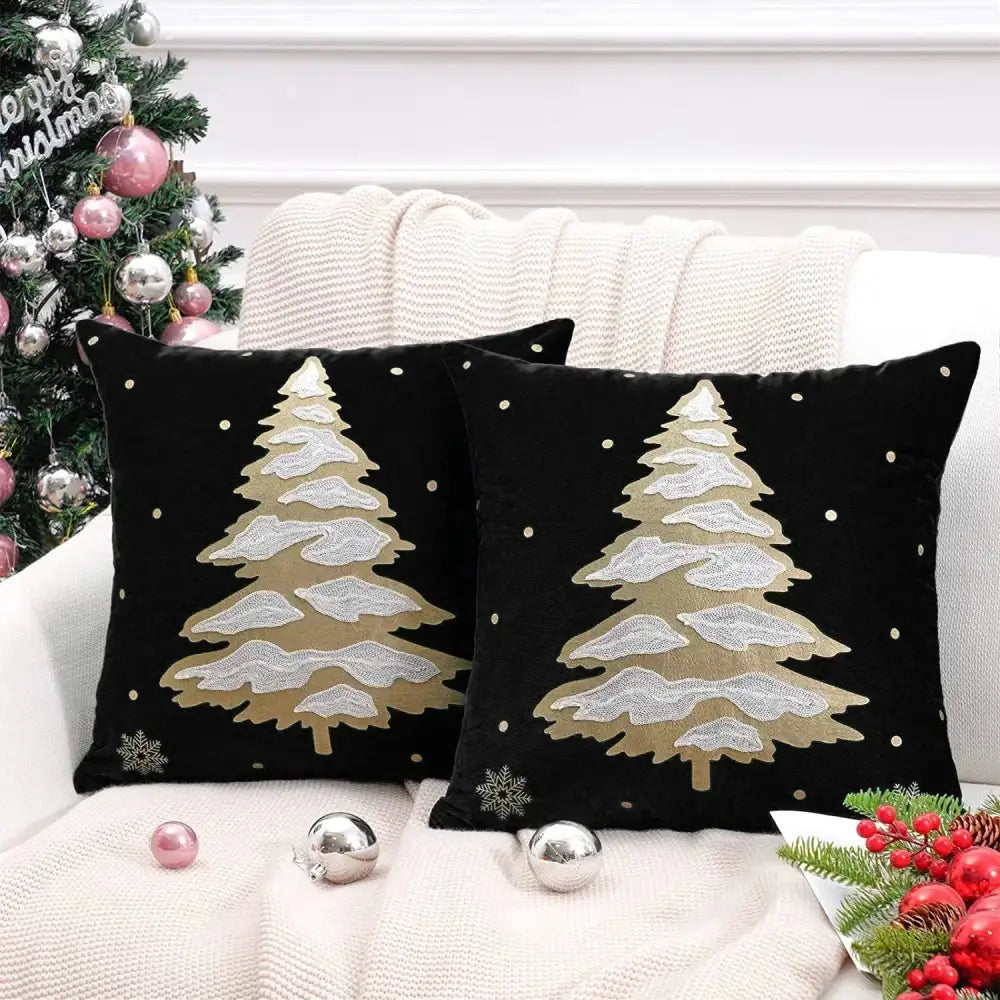 Black velvet christmas tree cushion cover with gold and silver embroidered pine trees and snowflakes pillow cover