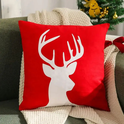 Red square cushion cover with white deer silhouette embroidery for christmas tree festive pillow cover by decorbites