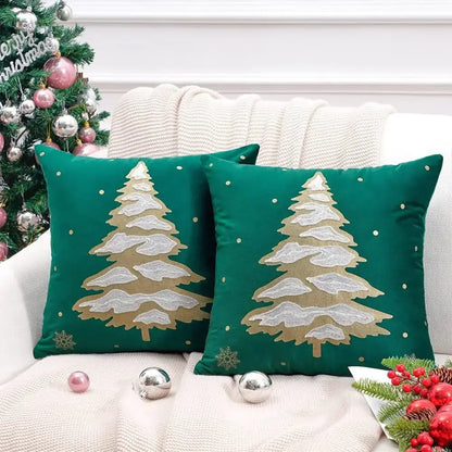 Emerald green velvet christmas tree cushion cover with embroidered gold and silver snow-covered pine trees and white dots
