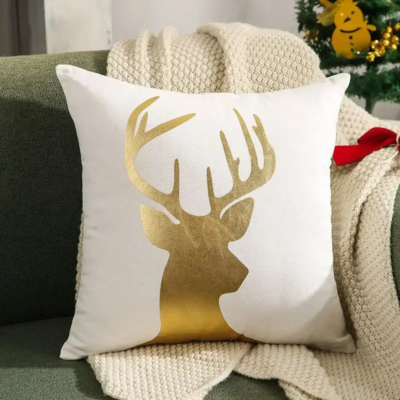 White throw pillow cover with gold foil deer silhouette and gradient detailing for christmas tree festive decor