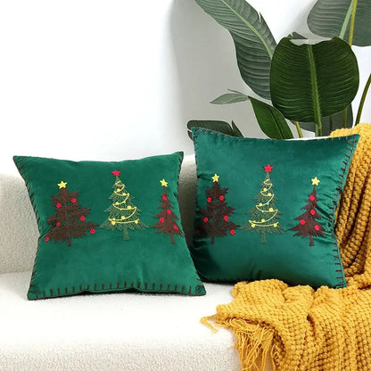 Emerald green velvet decorbites christmas tree cushion covers with embroidered christmas trees red ornaments and yellow stars