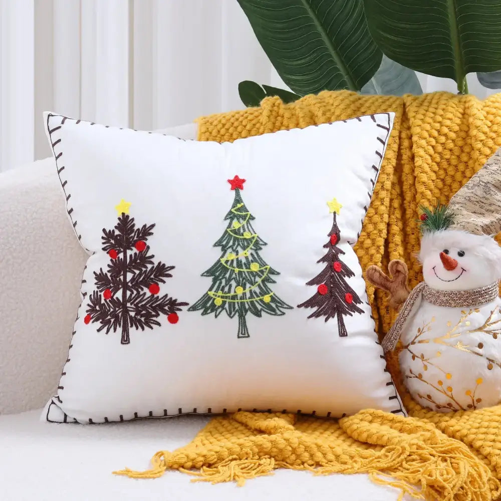 White decorbites christmas tree cushion cover with embroidered black green and red christmas tree design 45x45cm