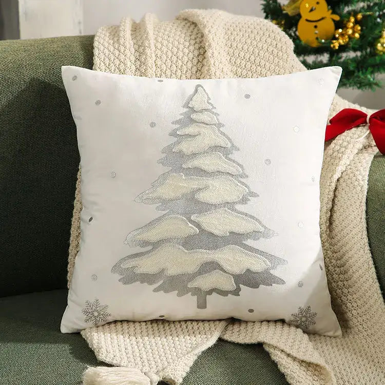 White throw pillow with embroidered gray christmas tree and silver accents decorbites christmas tree cushion covers