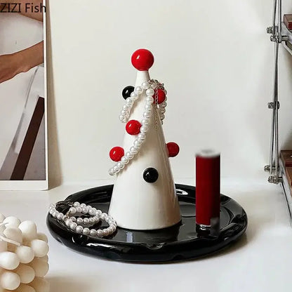 White ceramic decorbites christmas tree jewelry stand with red and black spherical accents for necklace and earrings storage