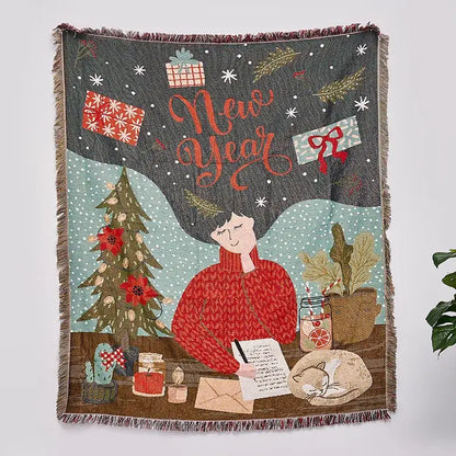 A cozy dark gray woven decorbites christmas tree knitted throw blanket featuring a festive new year holiday design