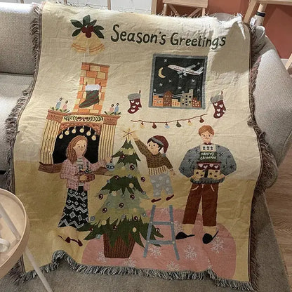 Cream-colored woven decorbites christmas tree knitted throw blanket featuring festive embroidered holiday characters and decorations