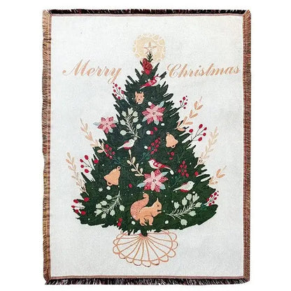 Festive white woven decorbites christmas tree knitted throw blanket with detailed green tree pink flowers red berries and fringe