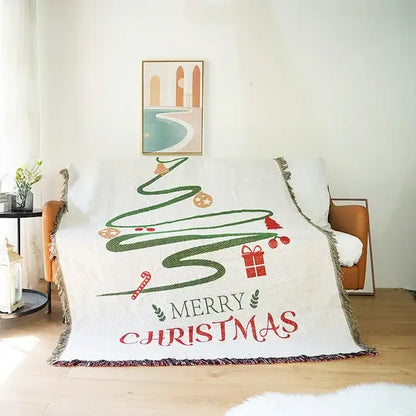 Decorbites christmas tree white knitted throw blanket with green spiral tree red gifts candy cane and merry christmas text