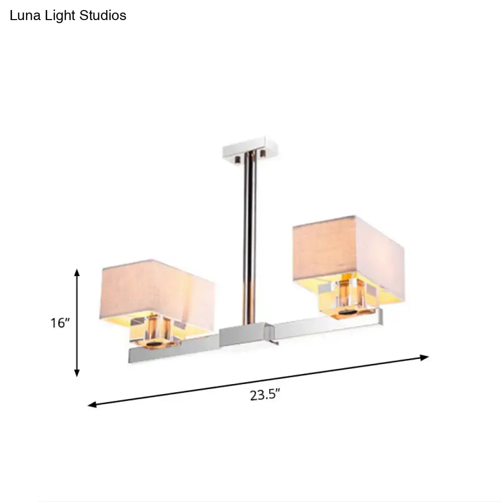 DecorBites chrome pendant light with two beige fabric shades and glass accents for dining room lighting