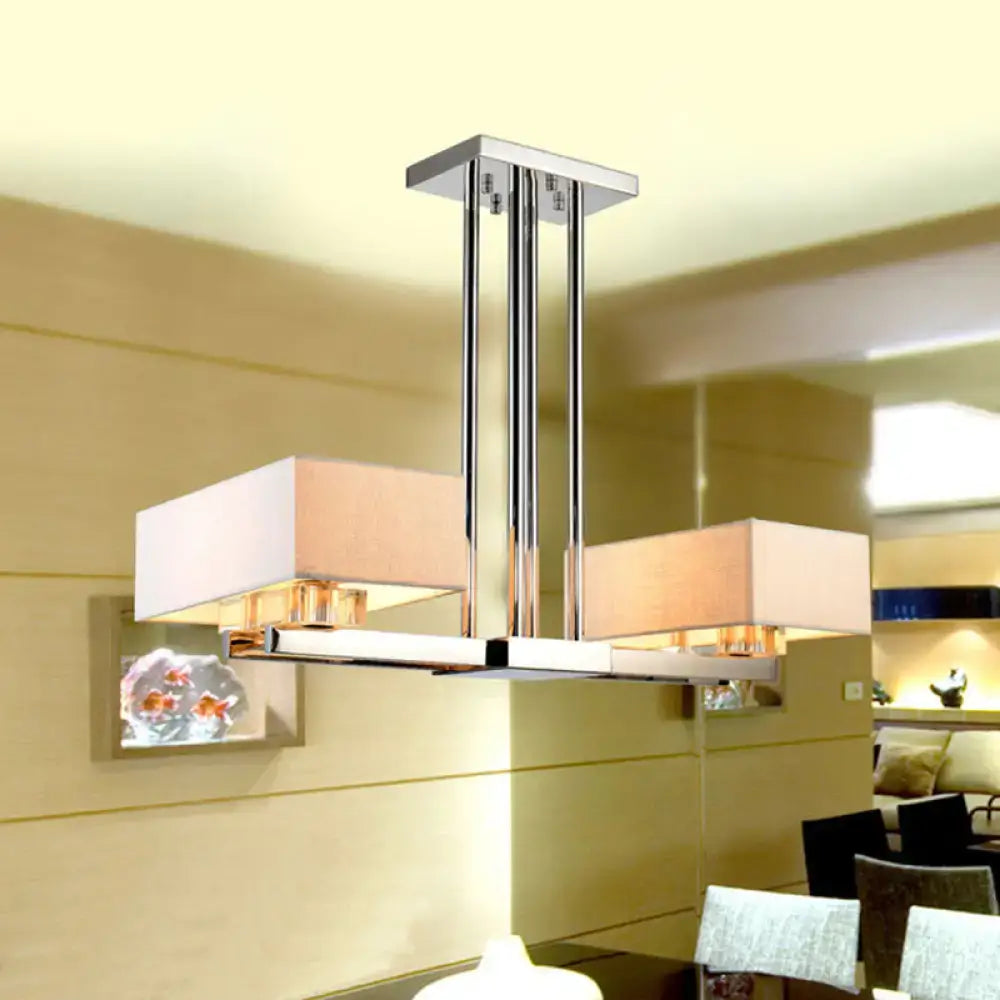 DecorBites chrome pendant light with two rectangular beige fabric shades and clear glass accents for dining room use