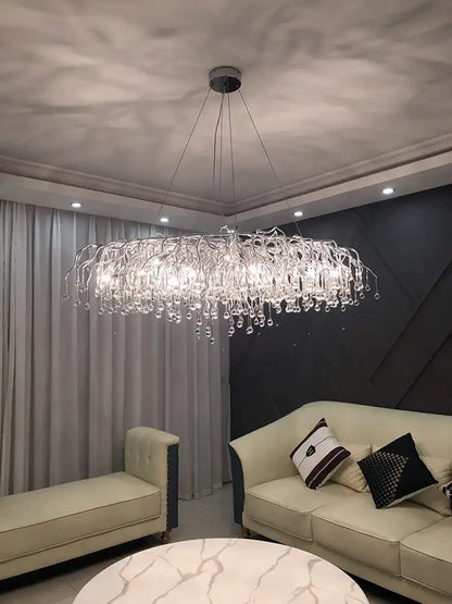 DecorBites™ chrome rectangular crystal chandelier light fixture with silver metal frame and clear glass droplets hanging