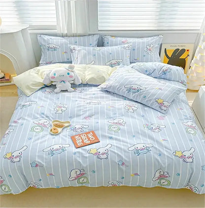 Light blue striped duvet cover and bedding set featuring playful pastel cinnamoroll characters for cute home decor