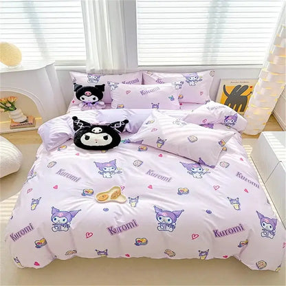Pastel pink kuromi-themed bedding set with plush black and purple pillows perfect for cute home decor and duvet cover use