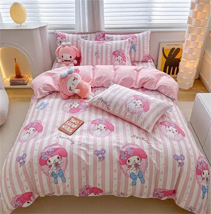 DecorBites™ cinnamoroll cute home decor bedding set with pink and white striped duvet cover made of soft plush fabric