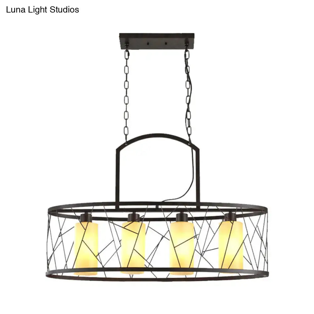 Decorbites classic black metal rectangle island ceiling light with four warm yellow glass shades and geometric wireframe design