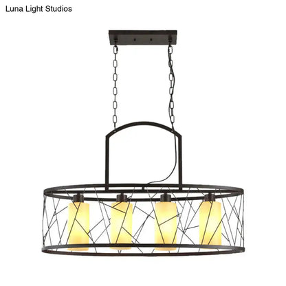 Decorbites classic black metal rectangle island ceiling light with four warm yellow glass shades and geometric wireframe design