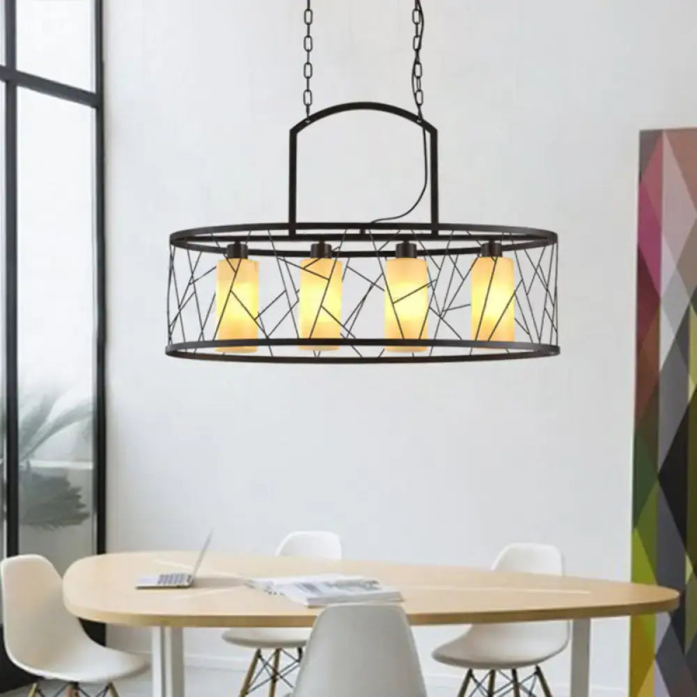 DecorBites classic black metal rectangle island ceiling light with geometric wireframe and four warm glass shades for dining room lights island lamp
