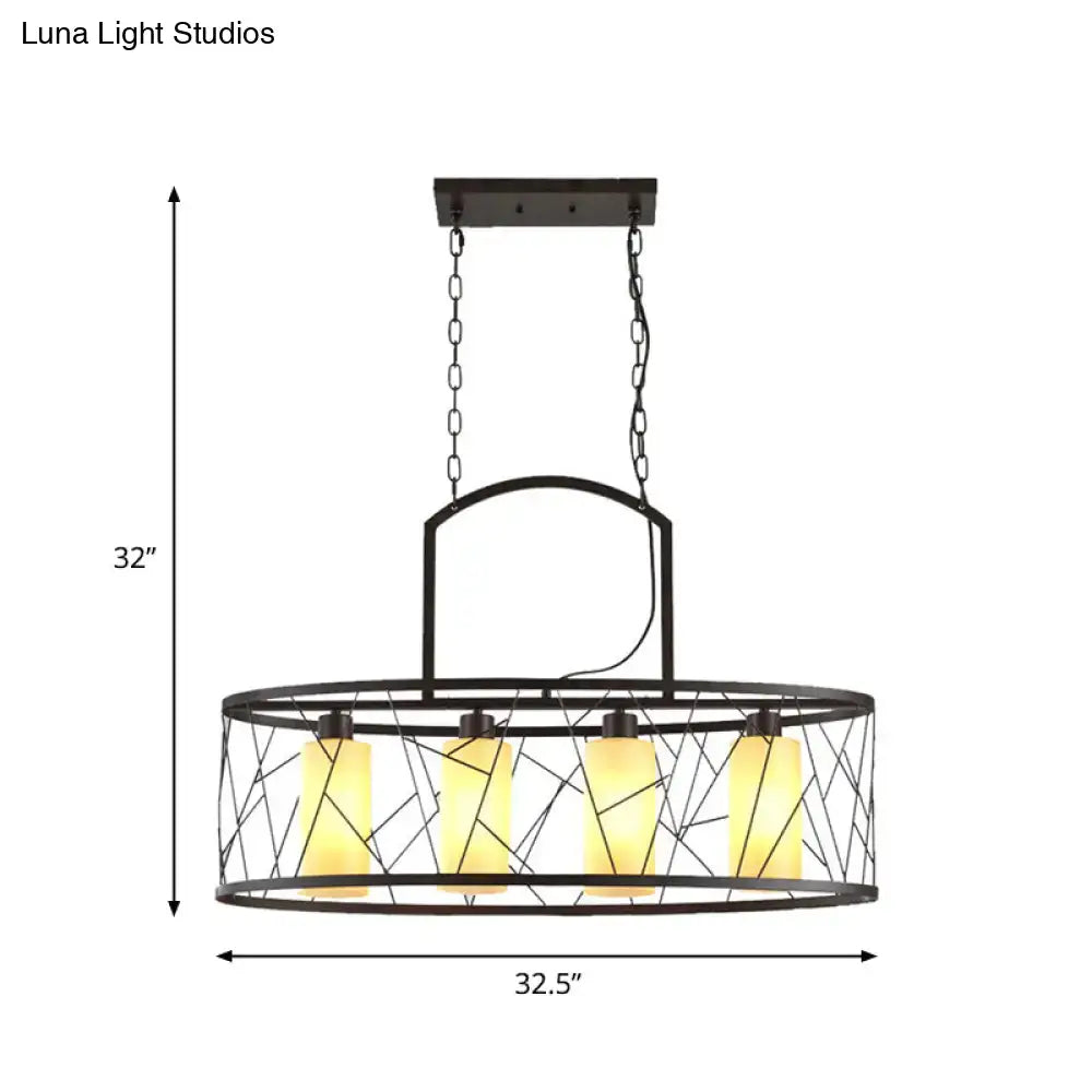 DecorBites classic black metal rectangle island ceiling light with geometric wrought iron frame and four warm glass shades