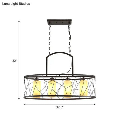 DecorBites classic black metal rectangle island ceiling light with geometric wrought iron frame and four warm glass shades
