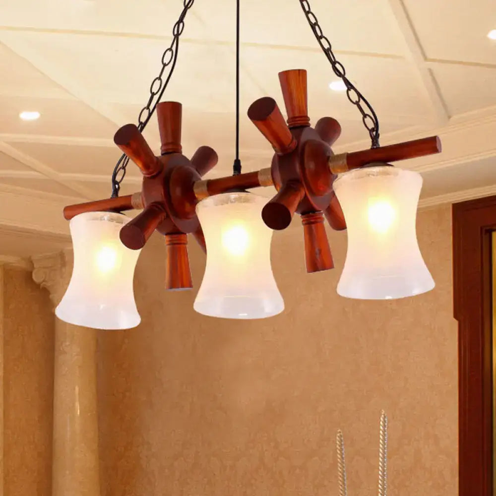 DecorBites classic pendant light kit with warm wood rudder design and three cream crackle glass shades for dining room