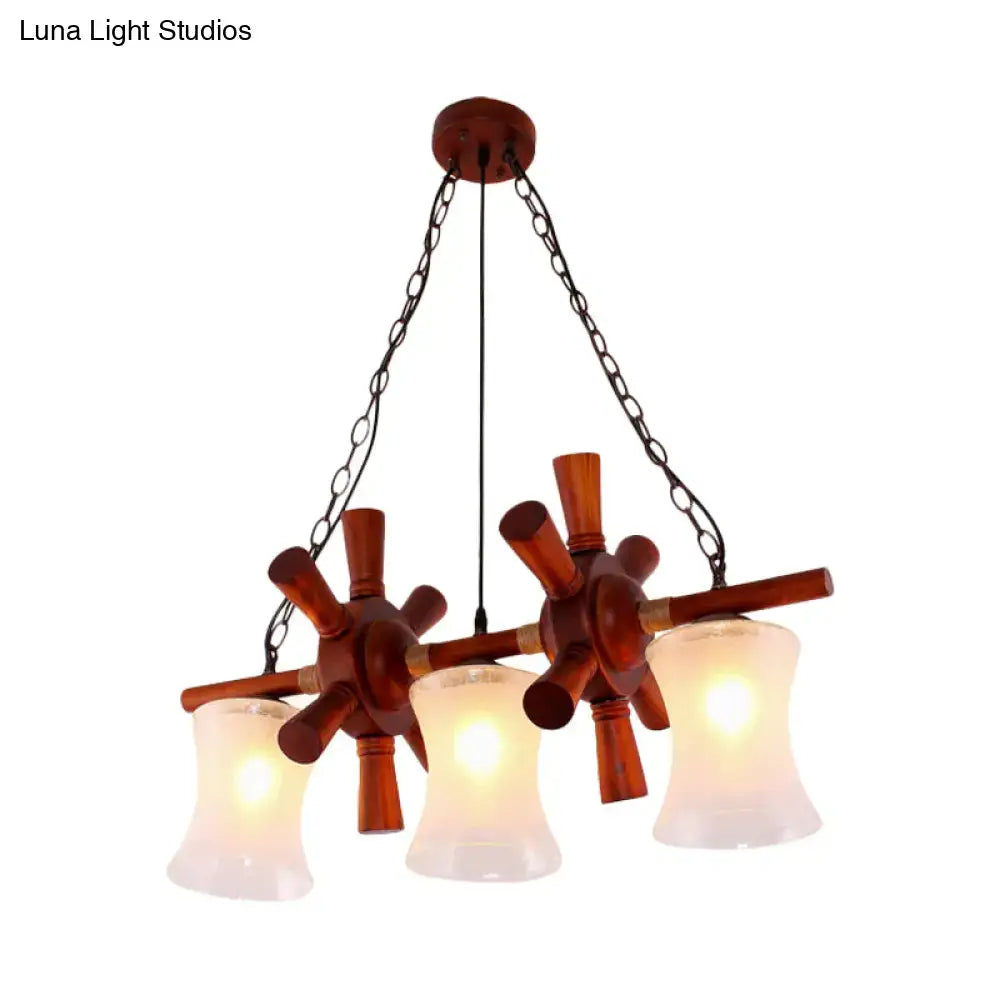 DecorBites classic cream crackle glass 3-light brown pendant light kit with warm wood rudder design and black metal chains