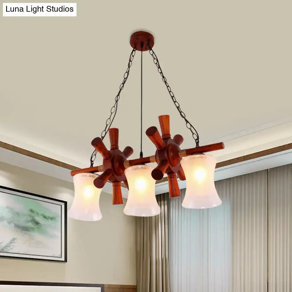 DecorBites classic cream crackle glass 3-light brown pendant light kit with wooden rudder design for dining room island