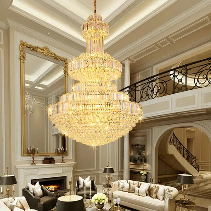 A decorbites classic crystal chandelier with cascading clear faceted crystals and a gold metal frame for living rooms