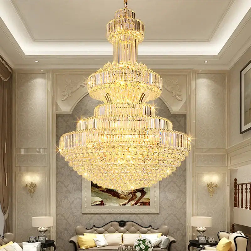 A decorbites classic crystal chandelier with multi-tiered golden frame and clear faceted glass for living room lighting