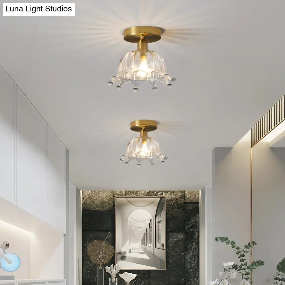 DecorBites classic glass ceiling light fixture with brass lamp holder featuring gold finish and dangling clear glass droplets