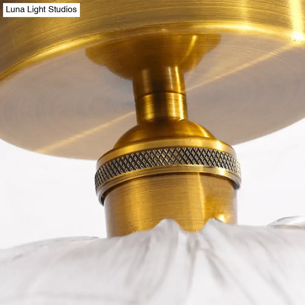 DecorBites™ classic glass ceiling light with brass lamp holder featuring a textured metallic band and white fabric shade