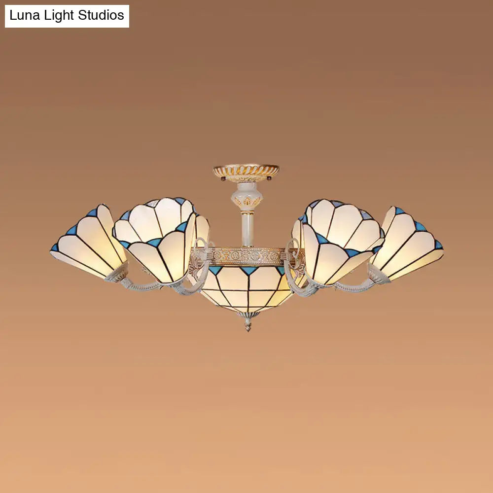 Elegant DecorBites™ multi light chandelier ceiling light with five petal-shaped cream and blue stained white glass shades