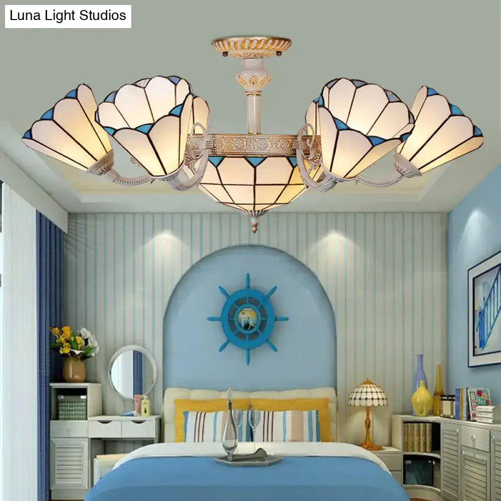 Stylish DecorBites classic multi light chandelier ceiling light with five cream and blue tiffany white glass shades