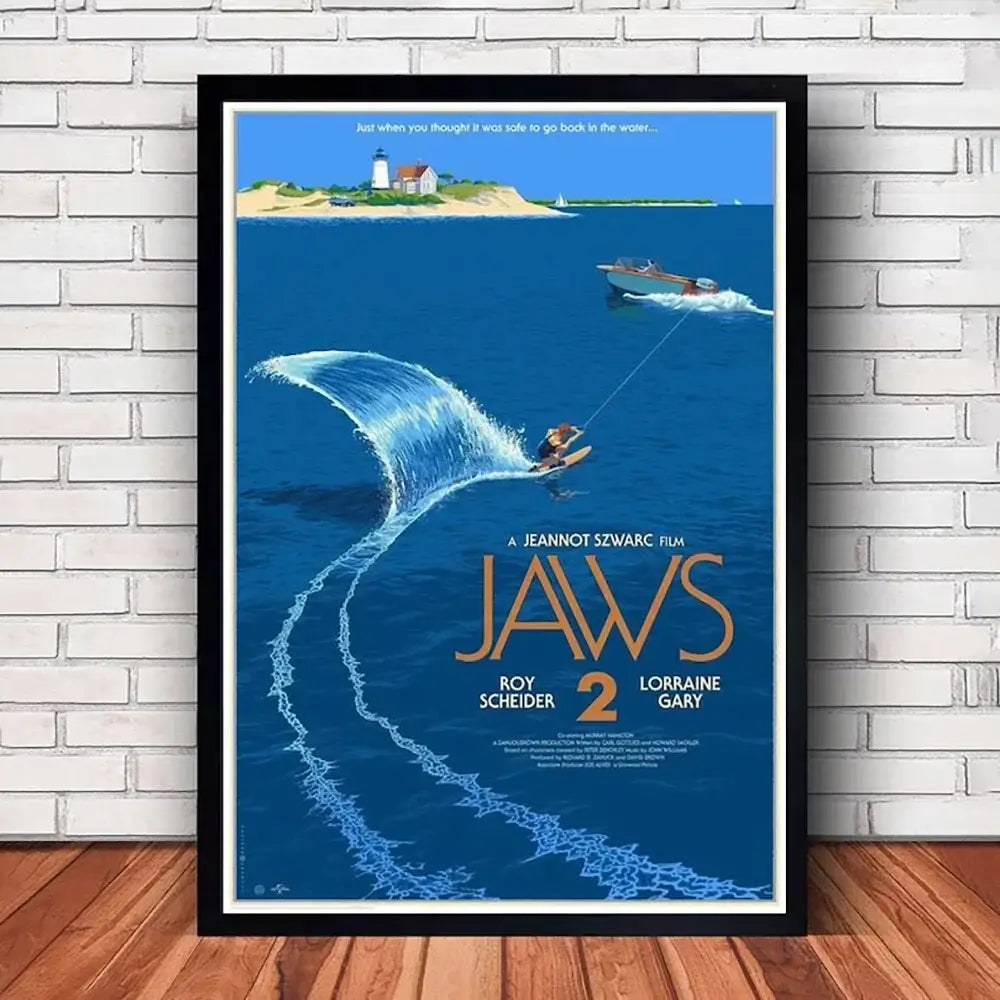Decorbites classic jaws movie poster canvas wall art with black frame featuring a stylized surfer and ocean scene