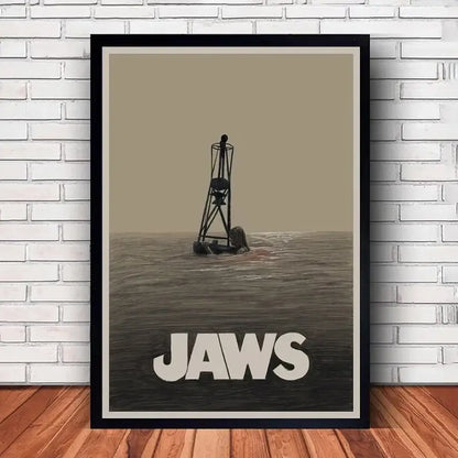 DecorBites™ classic jaws movie poster canvas wall art with black frame and minimalist lighthouse illustration