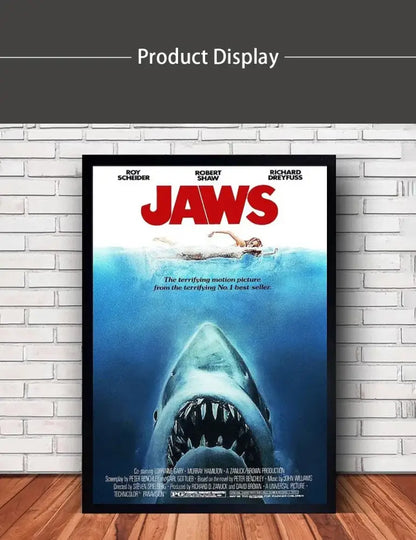 DecorBites™ classic JAWS movie poster canvas wall art with black frame features menacing shark and iconic red title