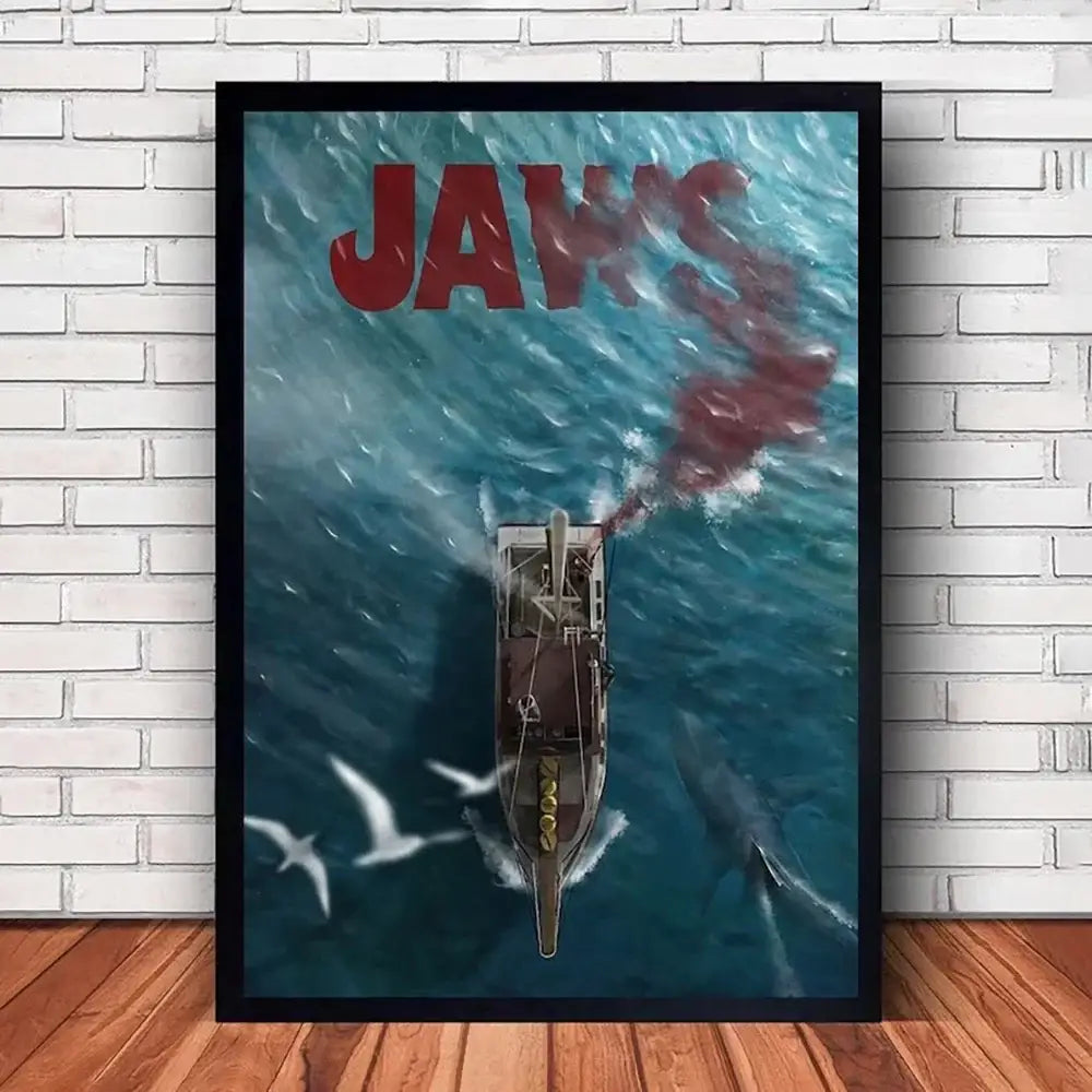 DecorBites™ classic jaws movie poster canvas wall art in black frame features boat in turbulent teal water with red blood trails