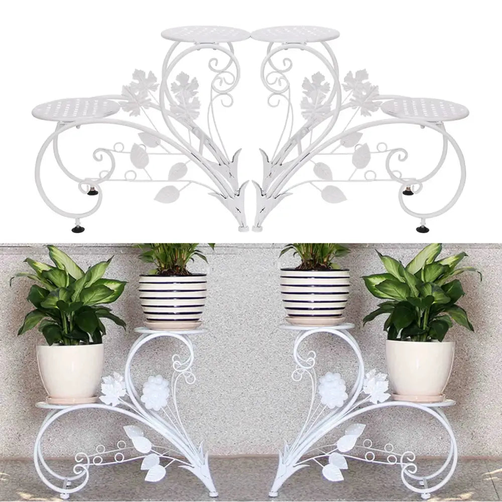 White wrought iron classic tall plant stand with floral leaf design and three tiered shelves for indoor outdoor use