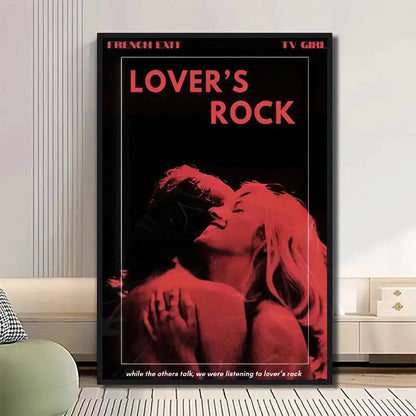 A black-framed decorbites classic tv drama girl art poster canvas featuring bold red lovers rock text and embracing figures