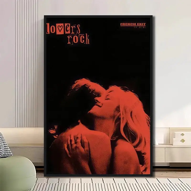 Black-framed decorbites classic tv drama girl art poster canvas with red-toned lovers rock image and orange text