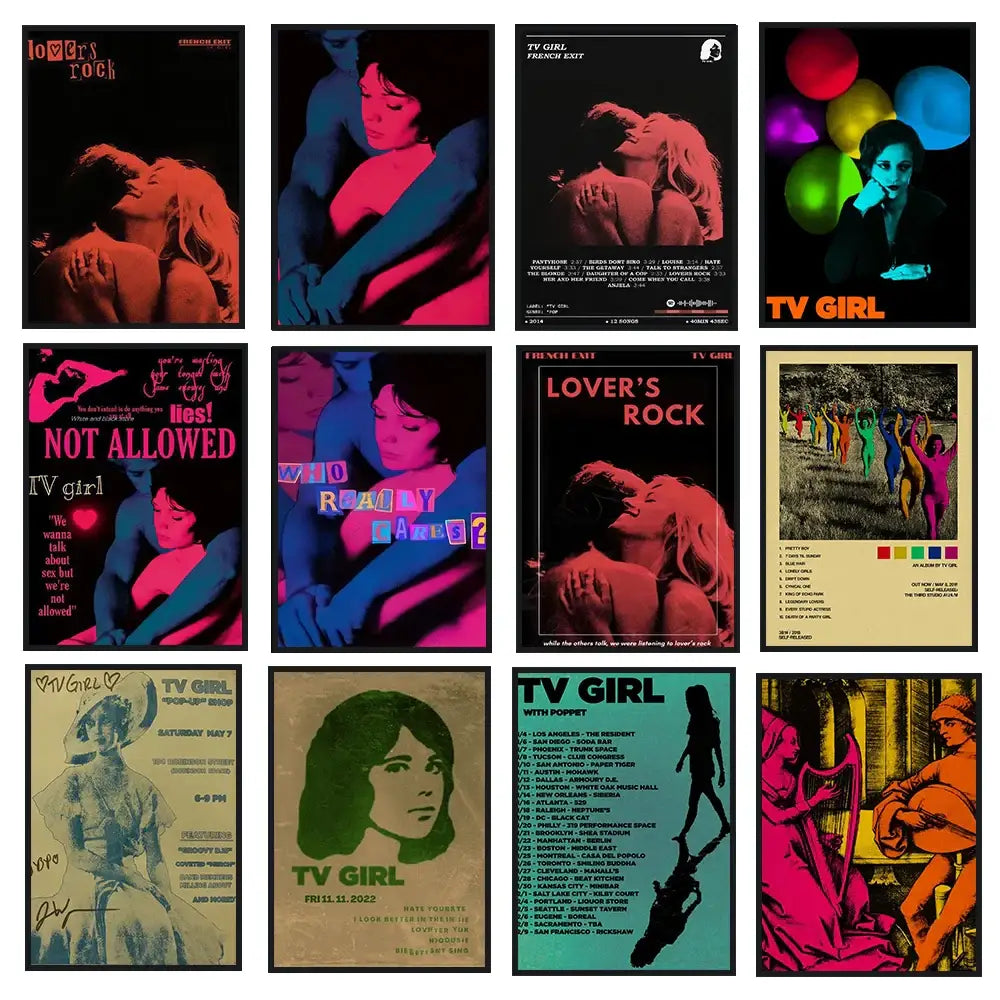 A collection of vintage-style classic tv drama girl art posters with bold neon colors on canvas by decorbites