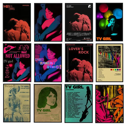 A collection of vintage-style classic tv drama girl art posters with bold neon colors on canvas by decorbites