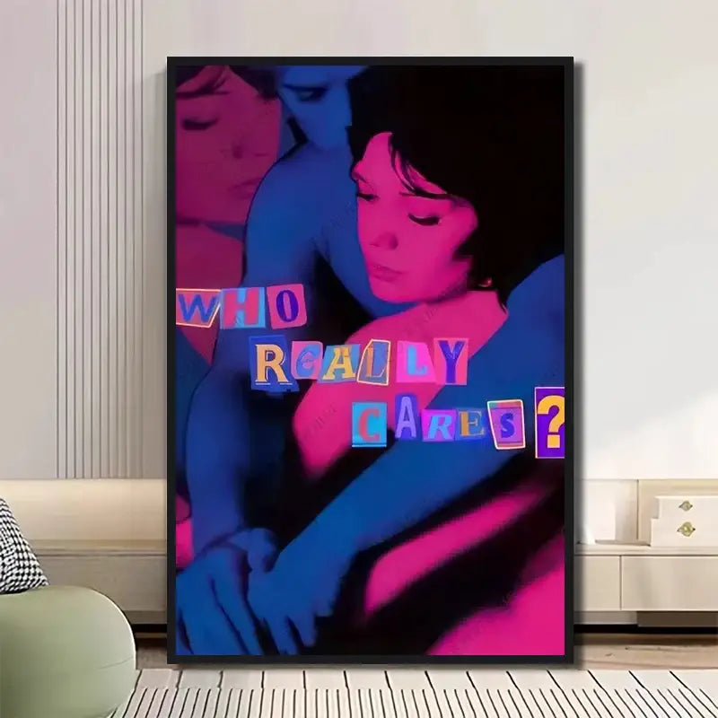 Vibrant decorbites classic tv drama girl art poster canvas with bold pink and blue hues framed in black